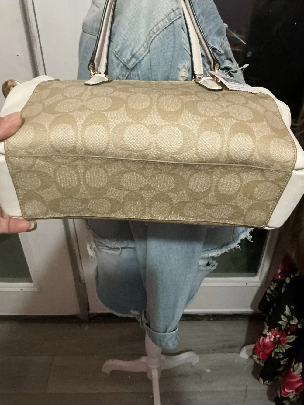 Coach Beige Signature Satchel with White Trim and Pink Accents